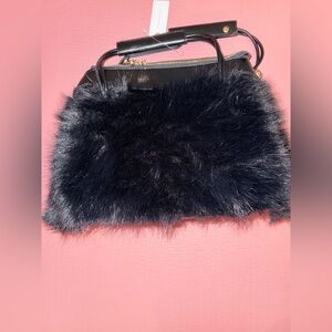 NWT Anthropologie Black Faux Fur Pocketbook with gold accents